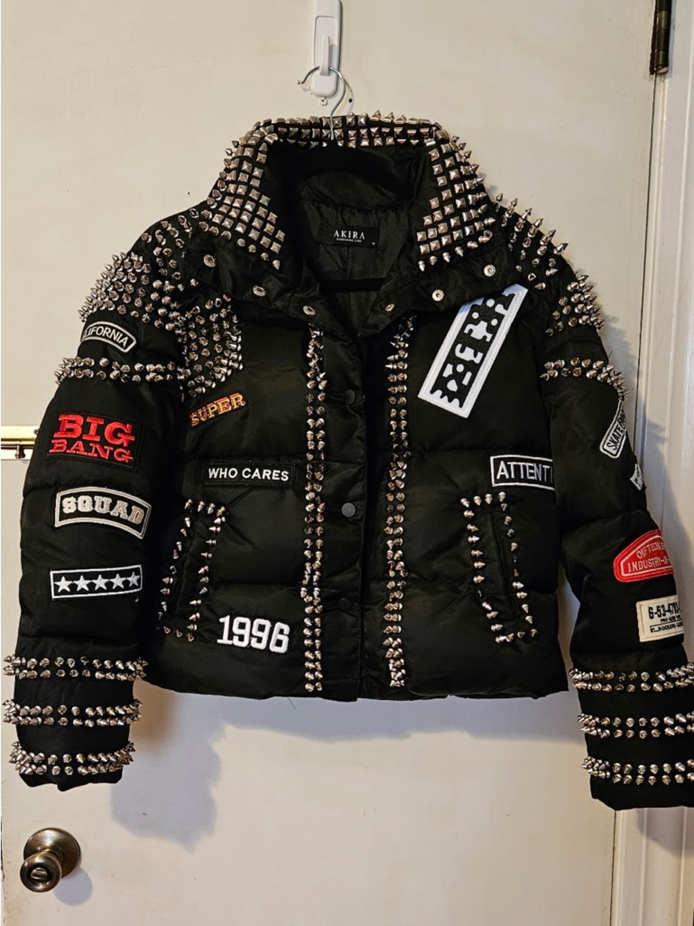 AKIRA Black Studded Patch Puffer Bomber Jacket